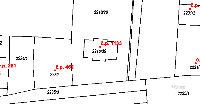 Lovosice 1133 na parcele st. 2216/30 v KÚ Lovosice, Katastrální mapa