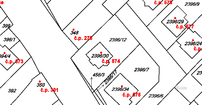 Hrušky 574 na parcele st. 2396/30 v KÚ Hrušky, Katastrální mapa