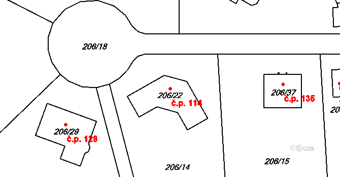 Sadov 114 na parcele st. 206/22 v KÚ Sadov, Katastrální mapa
