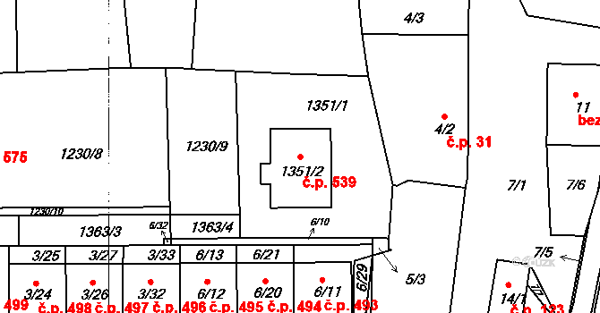 Dobšice 539 na parcele st. 1351/2 v KÚ Dobšice u Znojma, Katastrální mapa