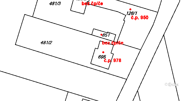 Všedobrovice 978, Kamenice na parcele st. 695 v KÚ Štiřín, Katastrální mapa