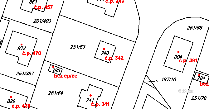 Losiná 342 na parcele st. 740 v KÚ Losiná u Plzně, Katastrální mapa