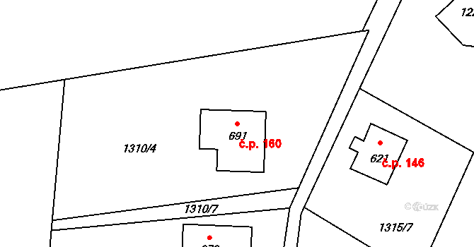 Huntířov 160, Skuhrov na parcele st. 691 v KÚ Skuhrov u Železného Brodu, Katastrální mapa