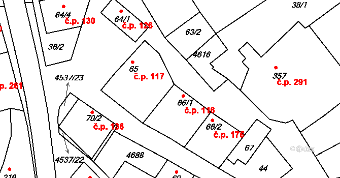 Mistřice 116 na parcele st. 66/1 v KÚ Mistřice I, Katastrální mapa