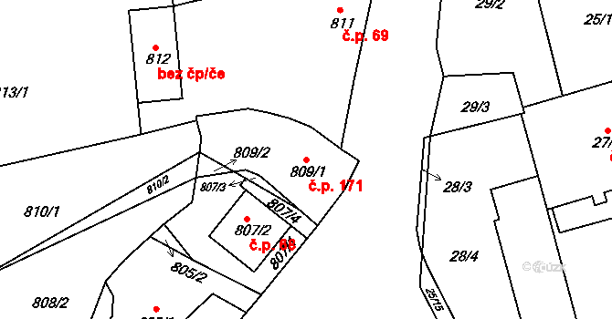 Buchlovice 171 na parcele st. 809/1 v KÚ Buchlovice, Katastrální mapa