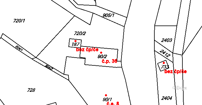 Lesné 36, Jiřetín pod Jedlovou na parcele st. 90/2 v KÚ Rozhled, Katastrální mapa