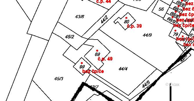 Skršín 49 na parcele st. 69 v KÚ Skršín, Katastrální mapa