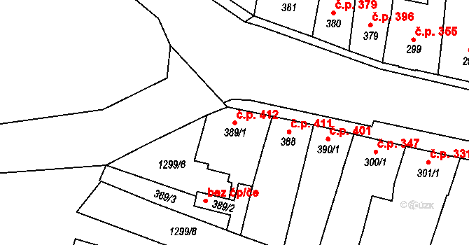 Milevsko 412 na parcele st. 389/1 v KÚ Milevsko, Katastrální mapa