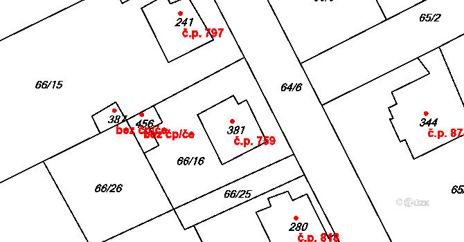 Rudná 759 na parcele st. 381 v KÚ Hořelice, Katastrální mapa