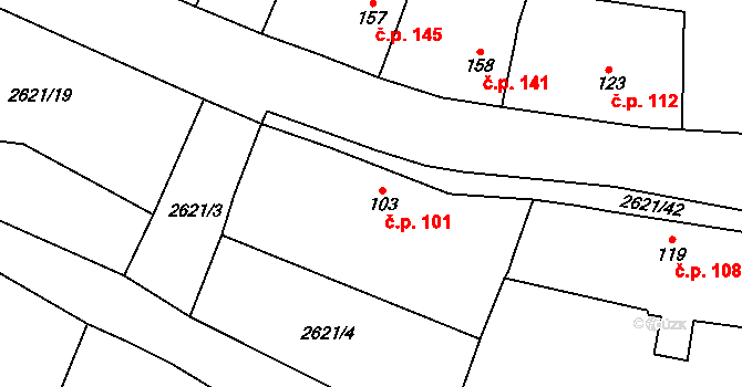 Ledce 101 na parcele st. 103 v KÚ Ledce u Plzně, Katastrální mapa