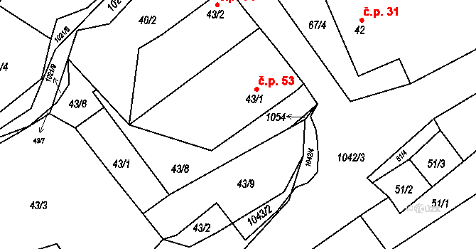 Mnichov 53 na parcele st. 43/1 v KÚ Mnichov u Poběžovic, Katastrální mapa
