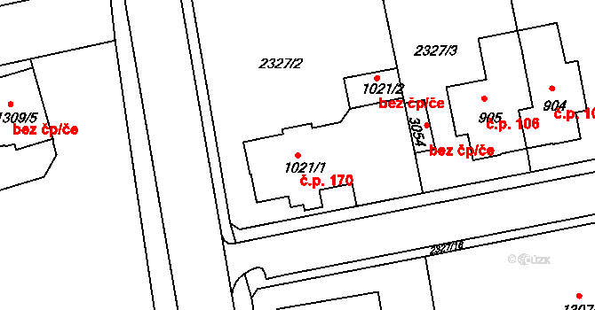 Týnské Předměstí 170, Domažlice na parcele st. 1021/1 v KÚ Domažlice, Katastrální mapa