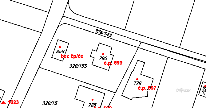 Struhařov 699, Kamenice na parcele st. 796 v KÚ Štiřín, Katastrální mapa