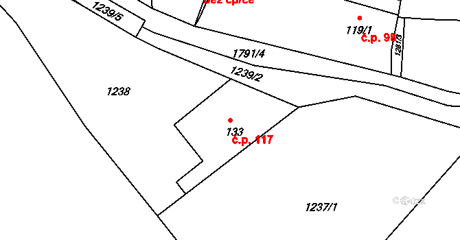 Deštnice 117 na parcele st. 133 v KÚ Deštnice, Katastrální mapa