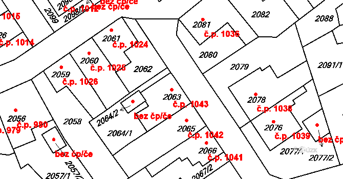 Louny 1043 na parcele st. 2063 v KÚ Louny, Katastrální mapa