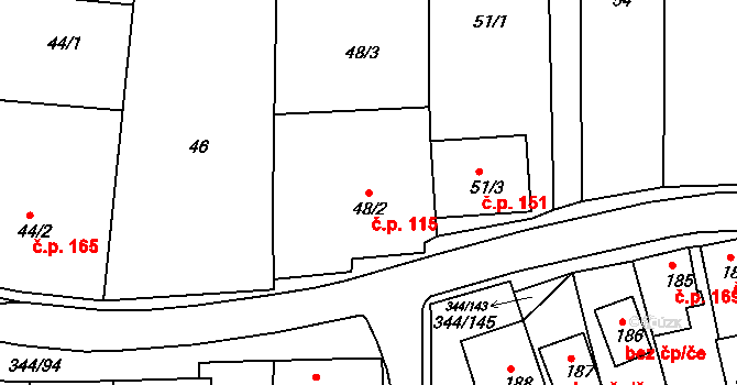 Milovice 115 na parcele st. 48/2 v KÚ Milovice u Mikulova, Katastrální mapa