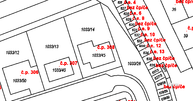 Vážany nad Litavou 308 na parcele st. 1033/45 v KÚ Vážany nad Litavou, Katastrální mapa