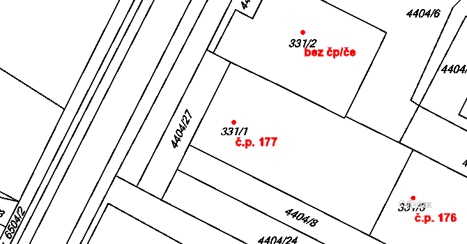 Hrušovany nad Jevišovkou 177 na parcele st. 331/1 v KÚ Hrušovany nad Jevišovkou, Katastrální mapa