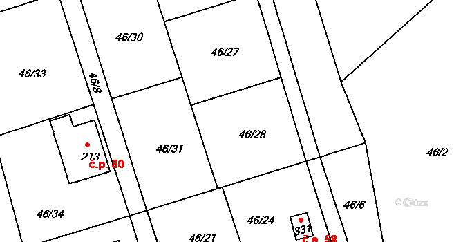 Babice 55, Řehenice na parcele st. 46/28 v KÚ Babice u Řehenic, Katastrální mapa