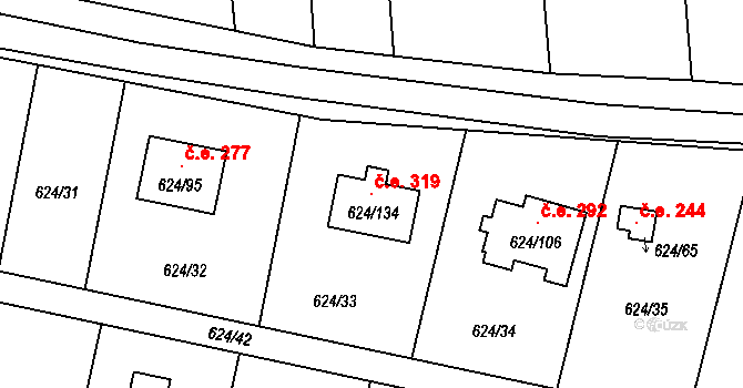 Žižlavice 319, Blansko na parcele st. 624/134 v KÚ Těchov, Katastrální mapa