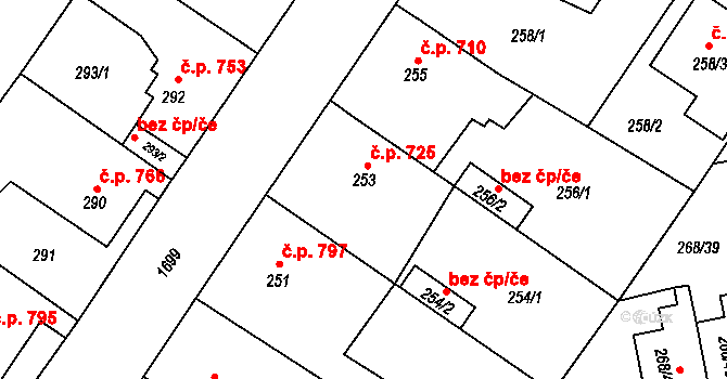 Sadská 725 na parcele st. 253 v KÚ Sadská, Katastrální mapa