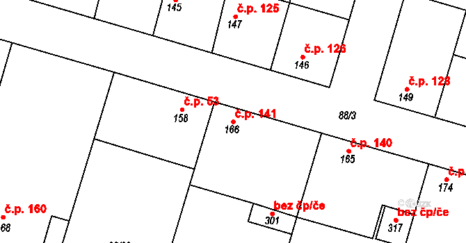 Hospozín 141 na parcele st. 166 v KÚ Hospozín, Katastrální mapa