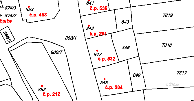 Šardice 532 na parcele st. 847 v KÚ Šardice, Katastrální mapa