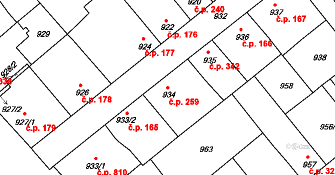 Chropyně 259 na parcele st. 934 v KÚ Chropyně, Katastrální mapa