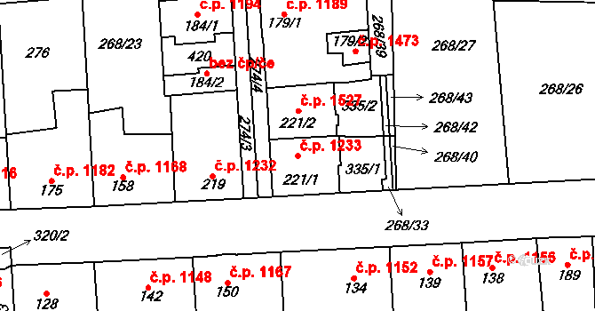 Švermov 1233, Kladno na parcele st. 221/1 v KÚ Hnidousy, Katastrální mapa