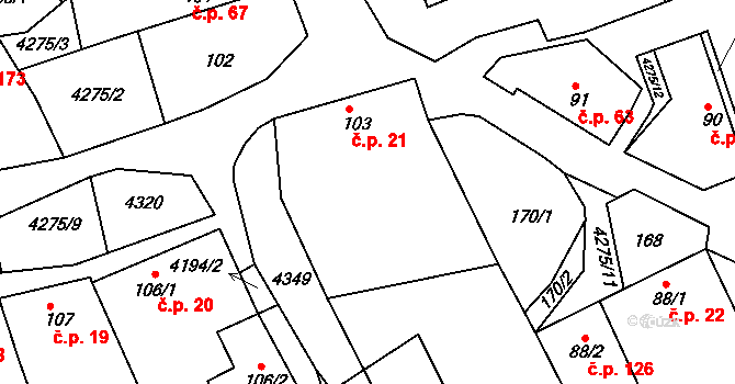 Loukov 21 na parcele st. 103 v KÚ Loukov u Bystřice pod Hostýnem, Katastrální mapa
