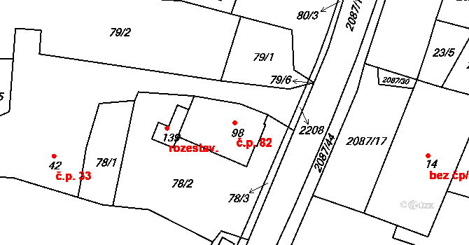 Jasenice 82, Lešná na parcele st. 98 v KÚ Jasenice u Valašského Meziříčí, Katastrální mapa