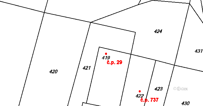 Suchdol nad Lužnicí 29 na parcele st. 419 v KÚ Suchdol nad Lužnicí, Katastrální mapa