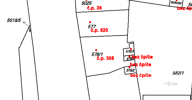 Smíchov 308, Praha na parcele st. 578/1 v KÚ Smíchov, Katastrální mapa