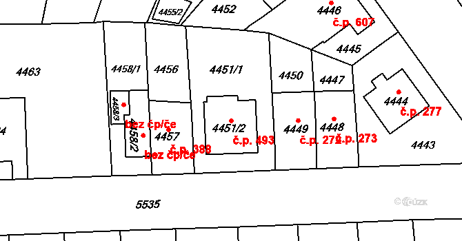 Doudlevce 493, Plzeň na parcele st. 4451/2 v KÚ Plzeň, Katastrální mapa