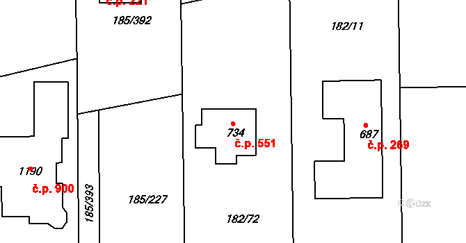 Chýně 551 na parcele st. 734 v KÚ Chýně, Katastrální mapa