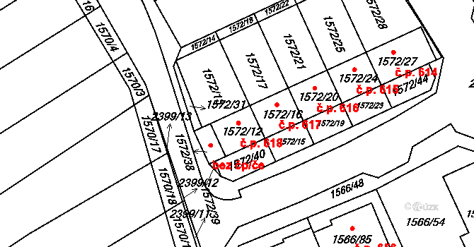 Hrušky 618 na parcele st. 1572/12 v KÚ Hrušky, Katastrální mapa