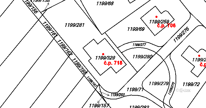 Soběšice 718, Brno na parcele st. 1199/329 v KÚ Soběšice, Katastrální mapa