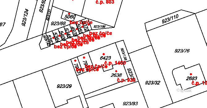 Horka-Domky 1400, Třebíč na parcele st. 6423 v KÚ Třebíč, Katastrální mapa