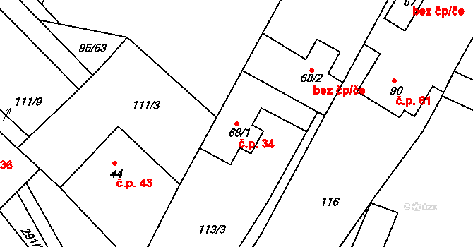 Ústrašice 34 na parcele st. 68/1 v KÚ Ústrašice, Katastrální mapa