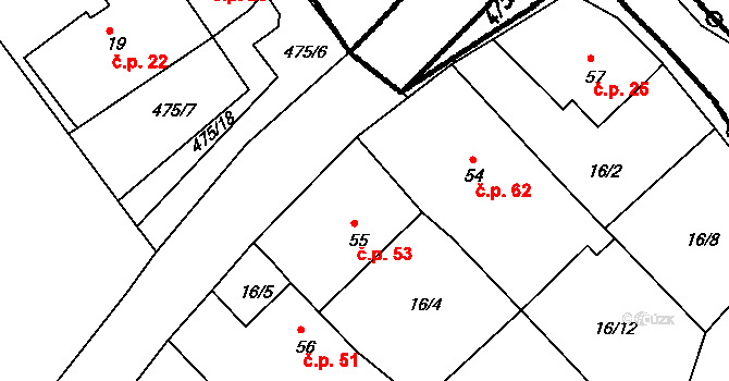 Hyršov 53, Všeruby na parcele st. 55 v KÚ Hyršov, Katastrální mapa