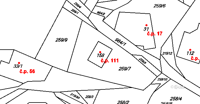 Prostřední Poříčí 111 na parcele st. 158 v KÚ Prostřední Poříčí, Katastrální mapa