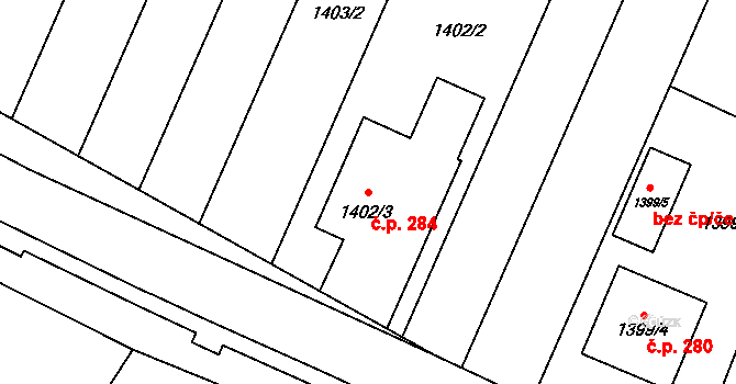 Chvalovice 284 na parcele st. 1402/3 v KÚ Chvalovice, Katastrální mapa