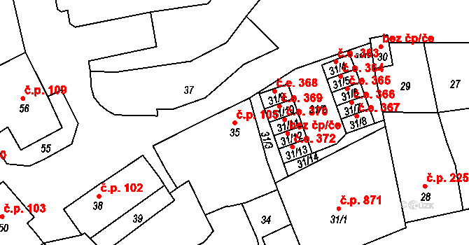 Podbořany 105 na parcele st. 35 v KÚ Podbořany, Katastrální mapa