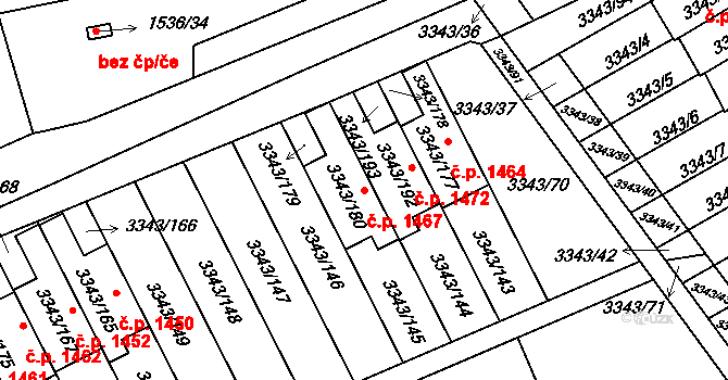 Třešť 1467 na parcele st. 3343/180 v KÚ Třešť, Katastrální mapa