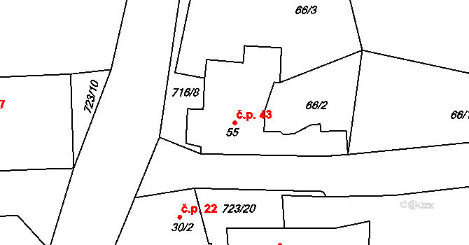 Smilov 43, Štoky na parcele st. 55 v KÚ Smilov u Štoků, Katastrální mapa