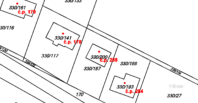 Hlušovice 288 na parcele st. 330/200 v KÚ Hlušovice, Katastrální mapa