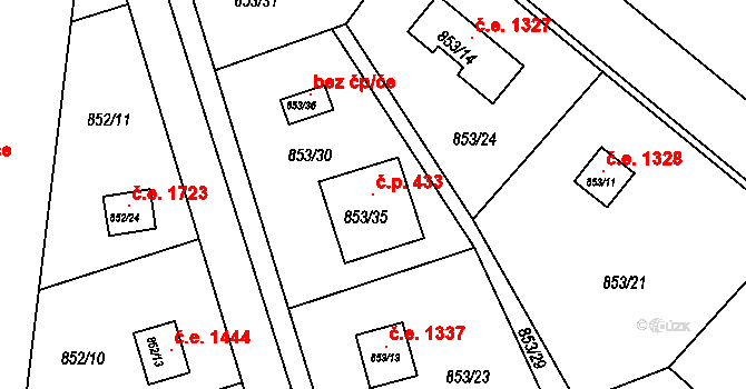 Radobyčice 433, Plzeň na parcele st. 853/35 v KÚ Radobyčice, Katastrální mapa