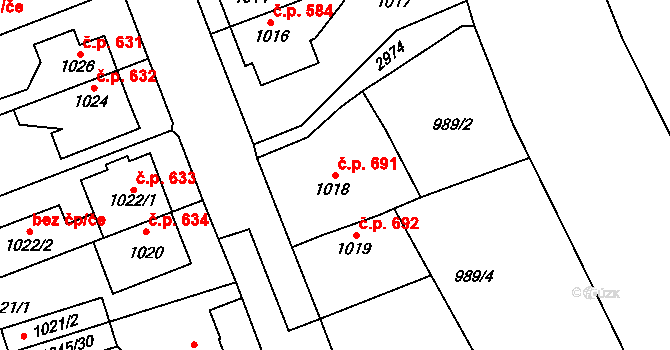 Dobruška 691 na parcele st. 1018 v KÚ Dobruška, Katastrální mapa