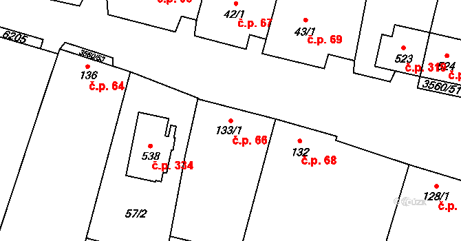 Hrabětice 66 na parcele st. 133/1 v KÚ Hrabětice, Katastrální mapa