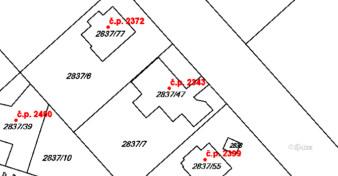 Znojmo 2343 na parcele st. 2837/47 v KÚ Znojmo-město, Katastrální mapa